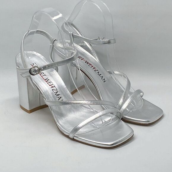 Stuart Weitzman Oasis 85MM Metallic Leather Block-Heel Sandals size 9 - Picture 2 of 11